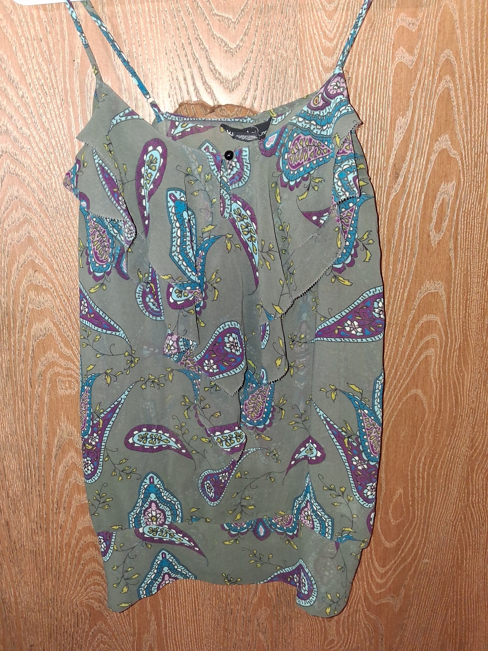 Kensie Olive Paisley Ruffle Cami with Teal and Purple Accents